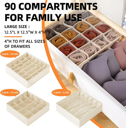 Sock Underwear Drawer Organizer Dividers, 64 Cell Fabric Foldable Dresser Organizer for Closet Organizers and Storage Boxes for Organizing Socks, Underwear, Ties (16+24+24 Cell, Gray)