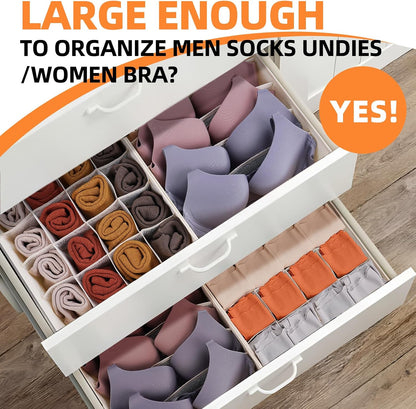 Sock Underwear Drawer Organizer Dividers, 64 Cell Fabric Foldable Dresser Organizer for Closet Organizers and Storage Boxes for Organizing Socks, Underwear, Ties (16+24+24 Cell, Gray)