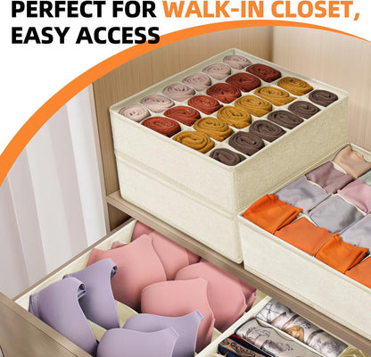 Sock Underwear Drawer Organizer Dividers, 64 Cell Fabric Foldable Dresser Organizer for Closet Organizers and Storage Boxes for Organizing Socks, Underwear, Ties (16+24+24 Cell, Gray)