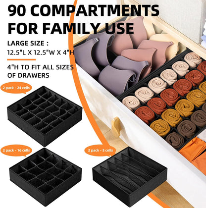 Sock Underwear Drawer Organizer Dividers, 64 Cell Fabric Foldable Dresser Organizer for Closet Organizers and Storage Boxes for Organizing Socks, Underwear, Ties (16+24+24 Cell, Gray)