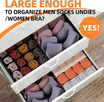 Sock Underwear Drawer Organizer Dividers, 64 Cell Fabric Foldable Dresser Organizer for Closet Organizers and Storage Boxes for Organizing Socks, Underwear, Ties (16+24+24 Cell, Gray)