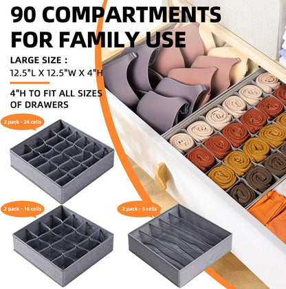 Sock Underwear Drawer Organizer Dividers, 64 Cell Fabric Foldable Dresser Organizer for Closet Organizers and Storage Boxes for Organizing Socks, Underwear, Ties (16+24+24 Cell, Gray)