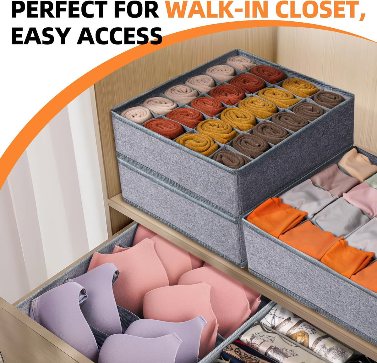 Sock Underwear Drawer Organizer Dividers, 64 Cell Fabric Foldable Dresser Organizer for Closet Organizers and Storage Boxes for Organizing Socks, Underwear, Ties (16+24+24 Cell, Gray)