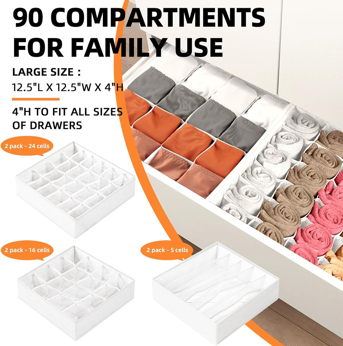 Sock Underwear Drawer Organizer Dividers, 64 Cell Fabric Foldable Dresser Organizer for Closet Organizers and Storage Boxes for Organizing Socks, Underwear, Ties (16+24+24 Cell, Gray)