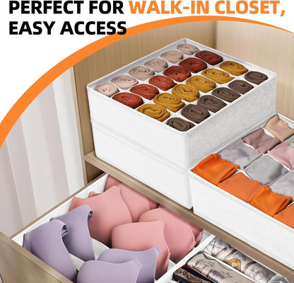 Sock Underwear Drawer Organizer Dividers, 64 Cell Fabric Foldable Dresser Organizer for Closet Organizers and Storage Boxes for Organizing Socks, Underwear, Ties (16+24+24 Cell, Gray)