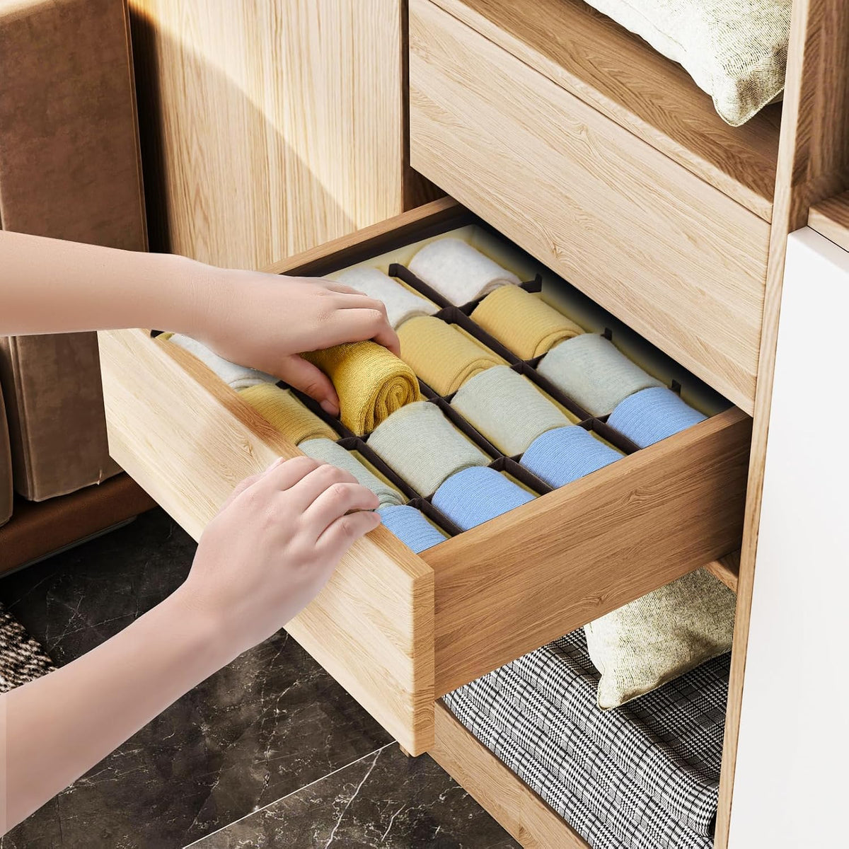 joyoldelf Sock Drawer Organizer Divider 2 Packs Underwear Organizer, 24 Cell Closet Organizers and Storage Organizer Sock Holders Organizers for Storing Socks, Handkerchiefs, Ties, Belts (Grey)