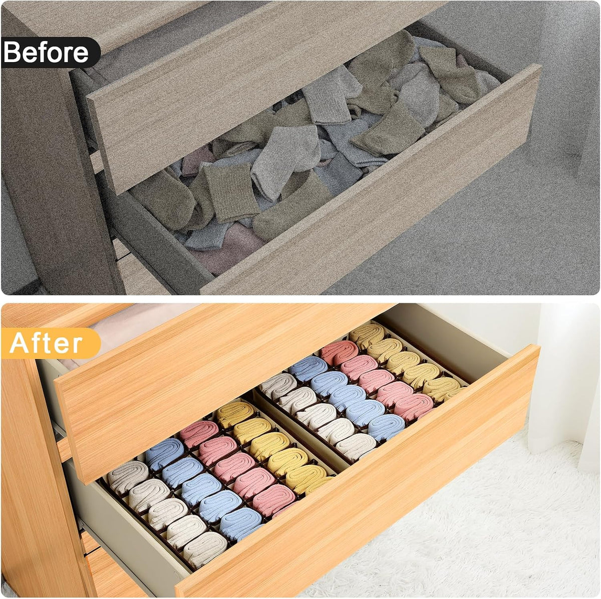 joyoldelf Sock Drawer Organizer Divider 2 Packs Underwear Organizer, 24 Cell Closet Organizers and Storage Organizer Sock Holders Organizers for Storing Socks, Handkerchiefs, Ties, Belts (Grey)