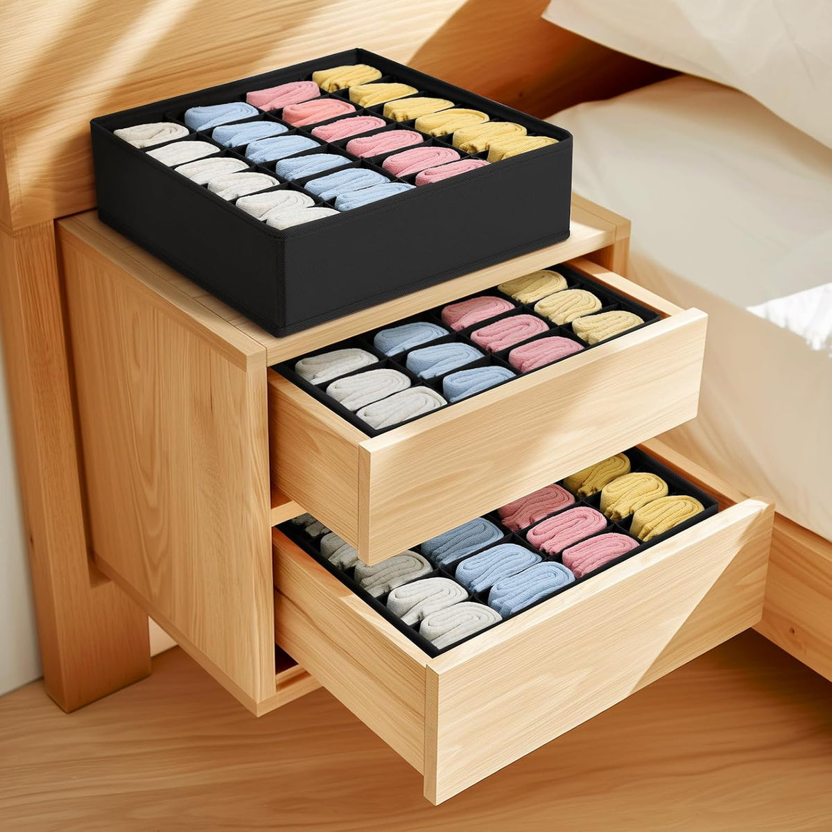 joyoldelf Sock Drawer Organizer Divider 2 Packs Underwear Organizer, 24 Cell Closet Organizers and Storage Organizer Sock Holders Organizers for Storing Socks, Handkerchiefs, Ties, Belts (Grey)