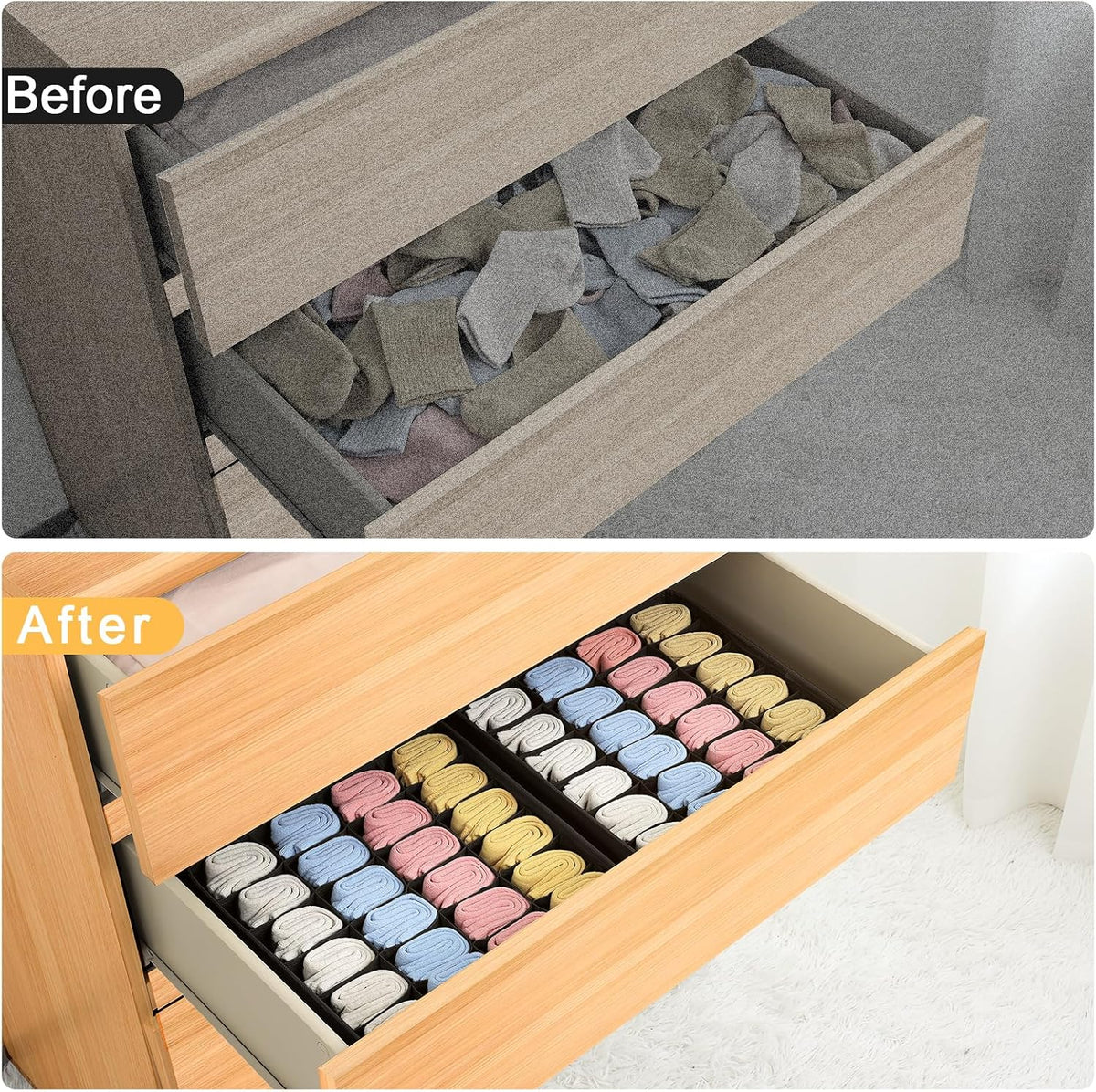 joyoldelf Sock Drawer Organizer Divider 2 Packs Underwear Organizer, 24 Cell Closet Organizers and Storage Organizer Sock Holders Organizers for Storing Socks, Handkerchiefs, Ties, Belts (Grey)