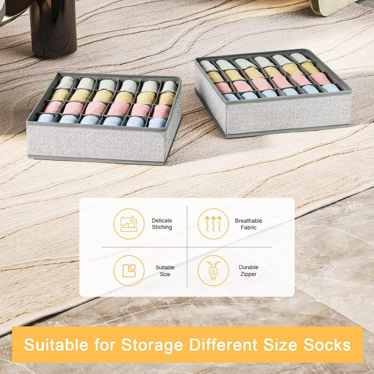 joyoldelf Sock Drawer Organizer Divider 2 Packs Underwear Organizer, 24 Cell Closet Organizers and Storage Organizer Sock Holders Organizers for Storing Socks, Handkerchiefs, Ties, Belts (Grey)