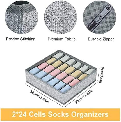 joyoldelf Sock Drawer Organizer Divider 2 Packs Underwear Organizer, 24 Cell Closet Organizers and Storage Organizer Sock Holders Organizers for Storing Socks, Handkerchiefs, Ties, Belts (Grey)