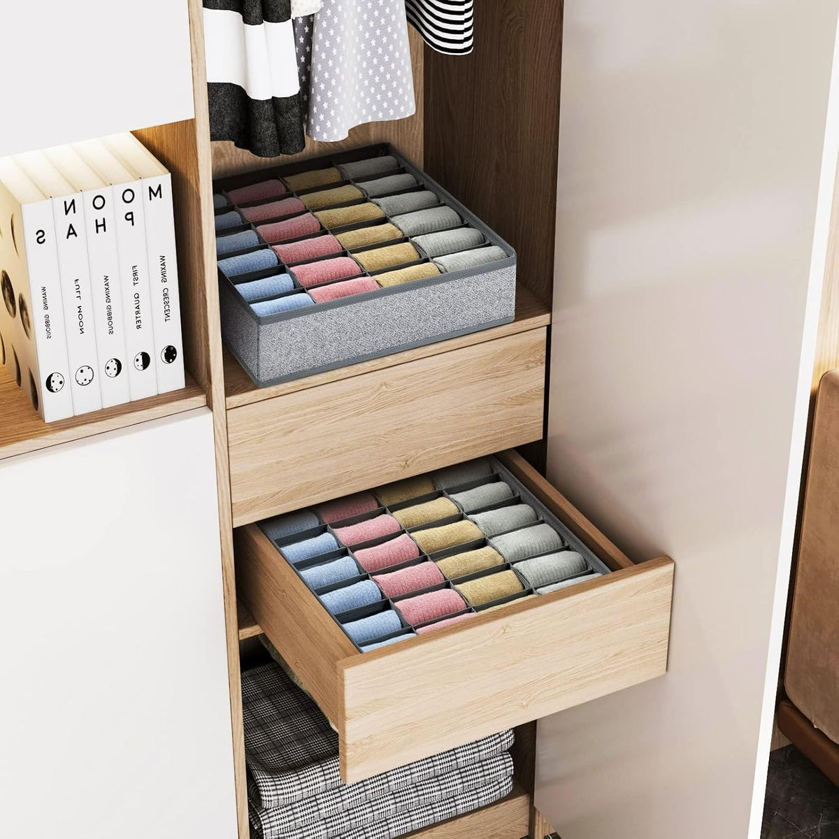 joyoldelf Sock Drawer Organizer Divider 2 Packs Underwear Organizer, 24 Cell Closet Organizers and Storage Organizer Sock Holders Organizers for Storing Socks, Handkerchiefs, Ties, Belts (Grey)