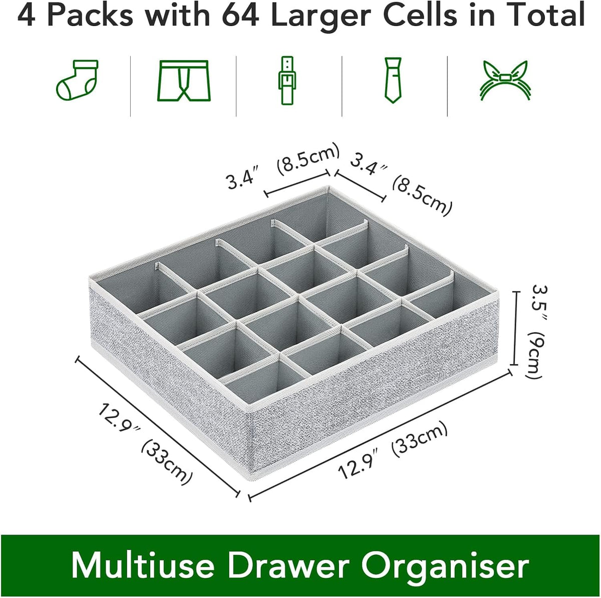 joyoldelf Sock Drawer Organizer Divider 2 Packs Underwear Organizer, 24 Cell Closet Organizers and Storage Organizer Sock Holders Organizers for Storing Socks, Handkerchiefs, Ties, Belts (Grey)
