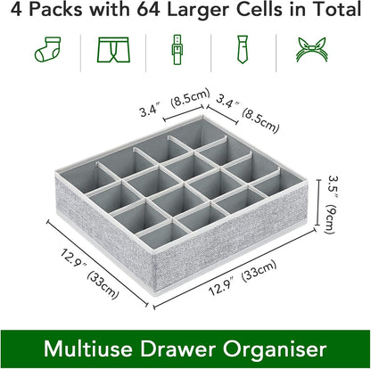 joyoldelf Sock Drawer Organizer Divider 2 Packs Underwear Organizer, 24 Cell Closet Organizers and Storage Organizer Sock Holders Organizers for Storing Socks, Handkerchiefs, Ties, Belts (Grey)