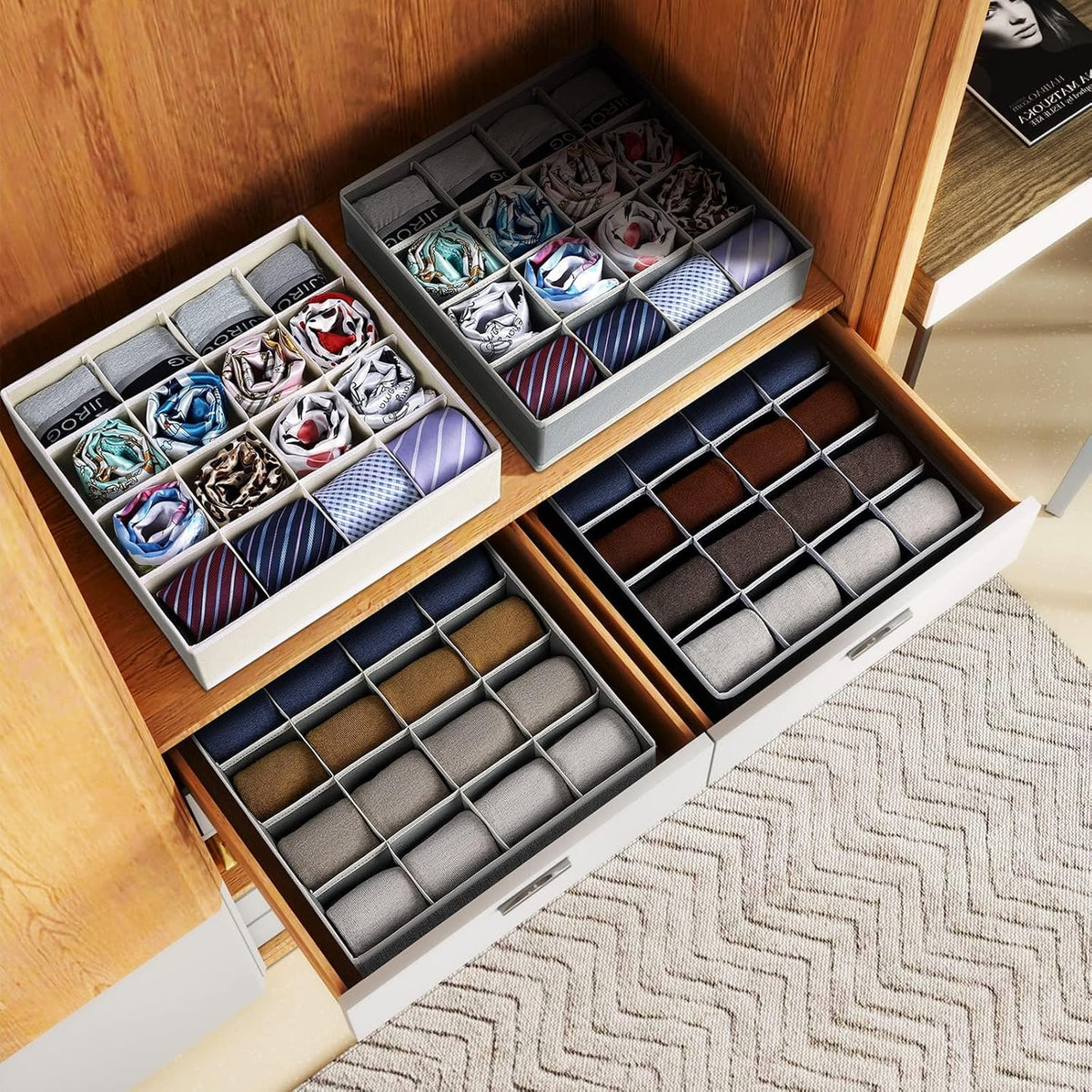 joyoldelf Sock Drawer Organizer Divider 2 Packs Underwear Organizer, 24 Cell Closet Organizers and Storage Organizer Sock Holders Organizers for Storing Socks, Handkerchiefs, Ties, Belts (Grey)