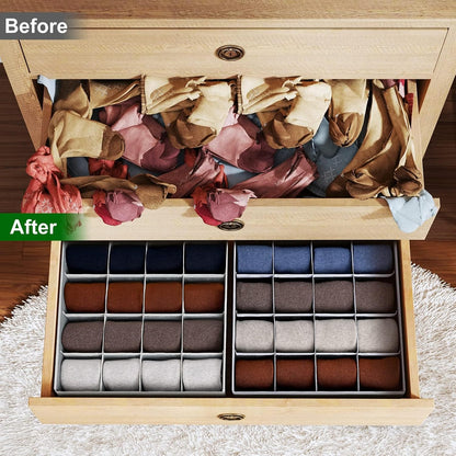 joyoldelf Sock Drawer Organizer Divider 2 Packs Underwear Organizer, 24 Cell Closet Organizers and Storage Organizer Sock Holders Organizers for Storing Socks, Handkerchiefs, Ties, Belts (Grey)