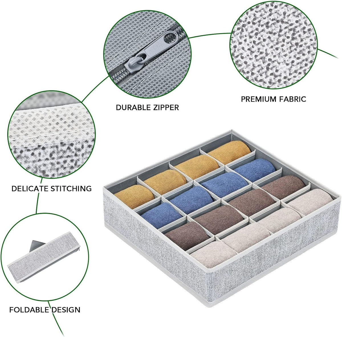 joyoldelf Sock Drawer Organizer Divider 2 Packs Underwear Organizer, 24 Cell Closet Organizers and Storage Organizer Sock Holders Organizers for Storing Socks, Handkerchiefs, Ties, Belts (Grey)