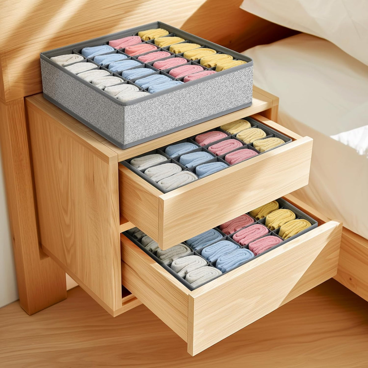 joyoldelf Sock Drawer Organizer Divider 2 Packs Underwear Organizer, 24 Cell Closet Organizers and Storage Organizer Sock Holders Organizers for Storing Socks, Handkerchiefs, Ties, Belts (Grey)