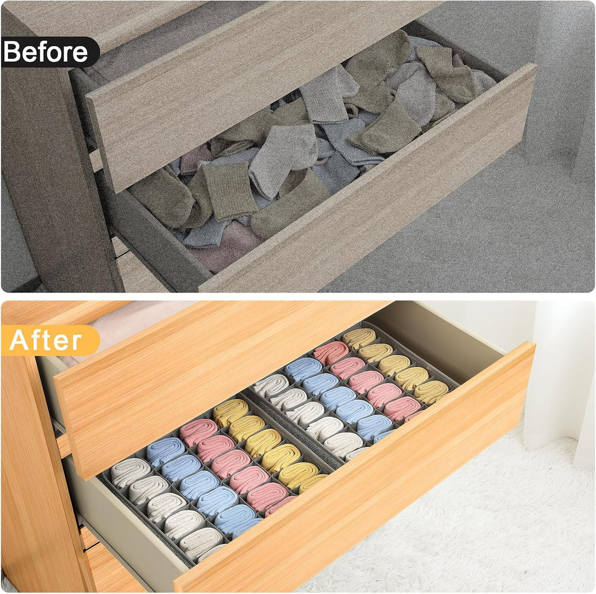joyoldelf Sock Drawer Organizer Divider 2 Packs Underwear Organizer, 24 Cell Closet Organizers and Storage Organizer Sock Holders Organizers for Storing Socks, Handkerchiefs, Ties, Belts (Grey)