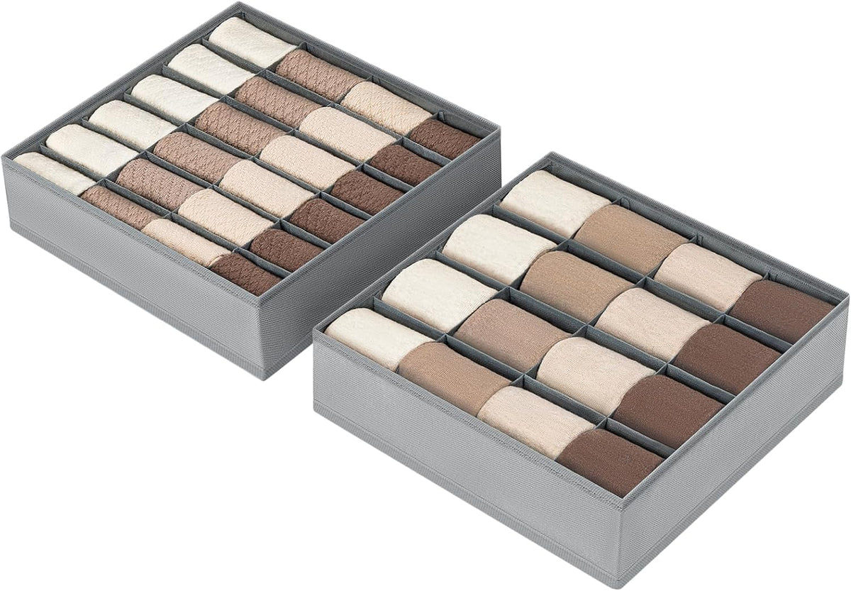 joyoldelf Sock Drawer Organizer Divider 2 Packs Underwear Organizer, 24 Cell Closet Organizers and Storage Organizer Sock Holders Organizers for Storing Socks, Handkerchiefs, Ties, Belts (Grey)