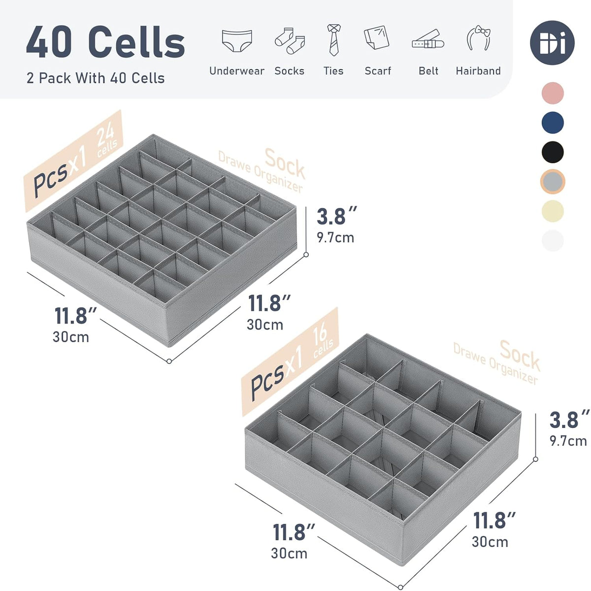 joyoldelf Sock Drawer Organizer Divider 2 Packs Underwear Organizer, 24 Cell Closet Organizers and Storage Organizer Sock Holders Organizers for Storing Socks, Handkerchiefs, Ties, Belts (Grey)