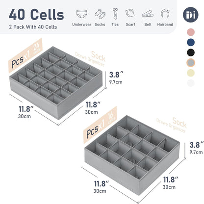joyoldelf Sock Drawer Organizer Divider 2 Packs Underwear Organizer, 24 Cell Closet Organizers and Storage Organizer Sock Holders Organizers for Storing Socks, Handkerchiefs, Ties, Belts (Grey)