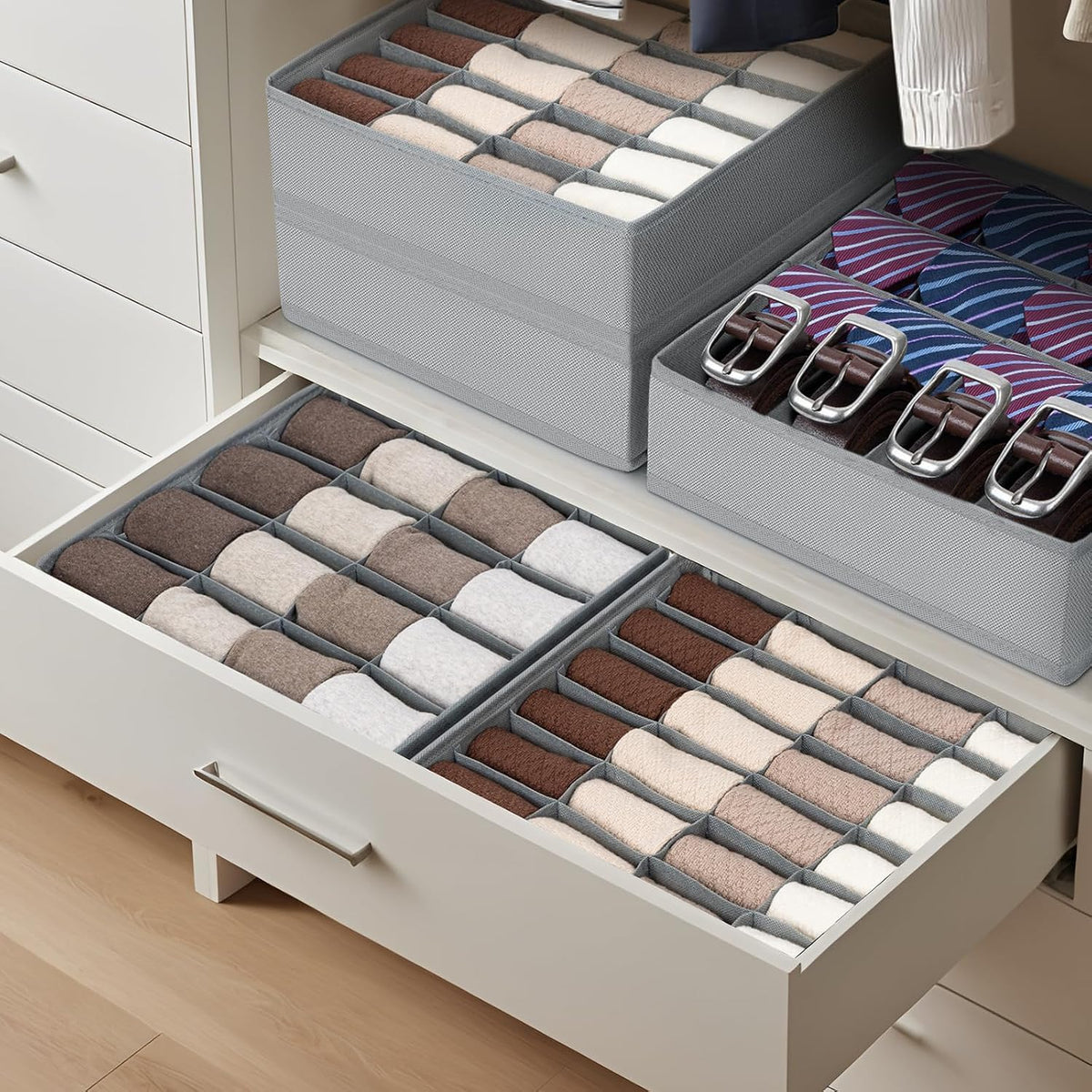 joyoldelf Sock Drawer Organizer Divider 2 Packs Underwear Organizer, 24 Cell Closet Organizers and Storage Organizer Sock Holders Organizers for Storing Socks, Handkerchiefs, Ties, Belts (Grey)
