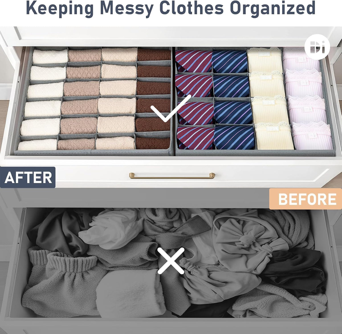 joyoldelf Sock Drawer Organizer Divider 2 Packs Underwear Organizer, 24 Cell Closet Organizers and Storage Organizer Sock Holders Organizers for Storing Socks, Handkerchiefs, Ties, Belts (Grey)