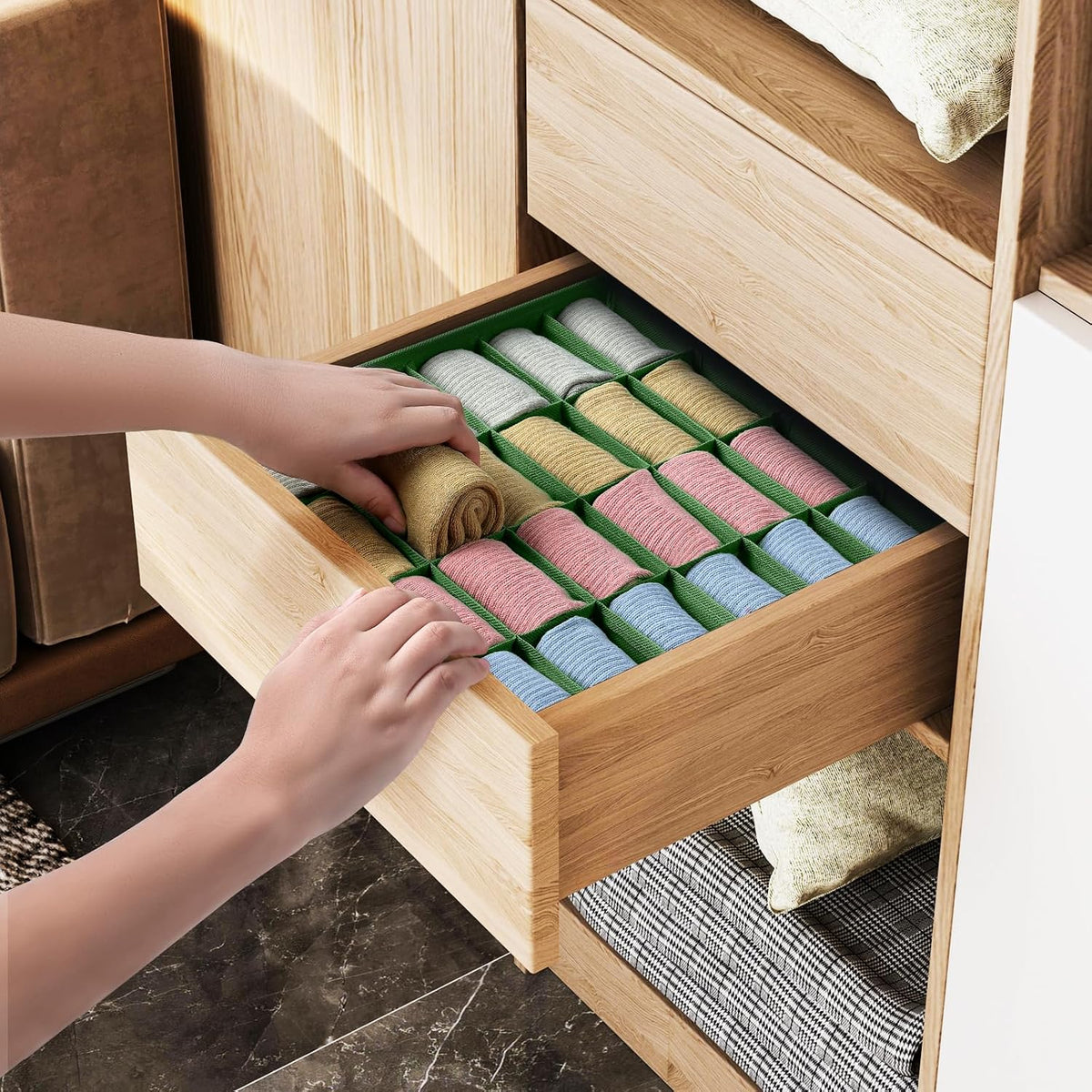 joyoldelf Sock Drawer Organizer Divider 2 Packs Underwear Organizer, 24 Cell Closet Organizers and Storage Organizer Sock Holders Organizers for Storing Socks, Handkerchiefs, Ties, Belts (Grey)