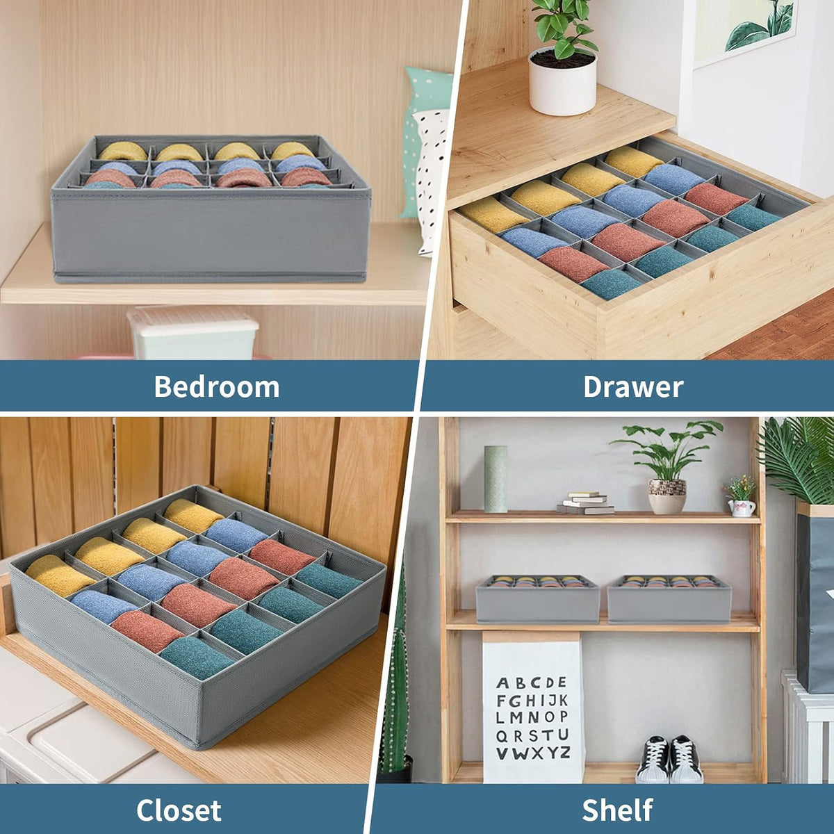 joyoldelf Sock Drawer Organizer Divider 2 Packs Underwear Organizer, 24 Cell Closet Organizers and Storage Organizer Sock Holders Organizers for Storing Socks, Handkerchiefs, Ties, Belts (Grey)