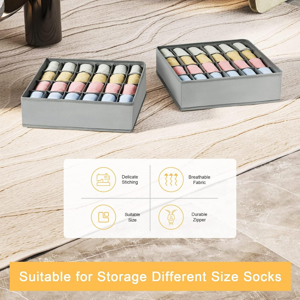 joyoldelf Sock Drawer Organizer Divider 2 Packs Underwear Organizer, 24 Cell Closet Organizers and Storage Organizer Sock Holders Organizers for Storing Socks, Handkerchiefs, Ties, Belts (Grey)