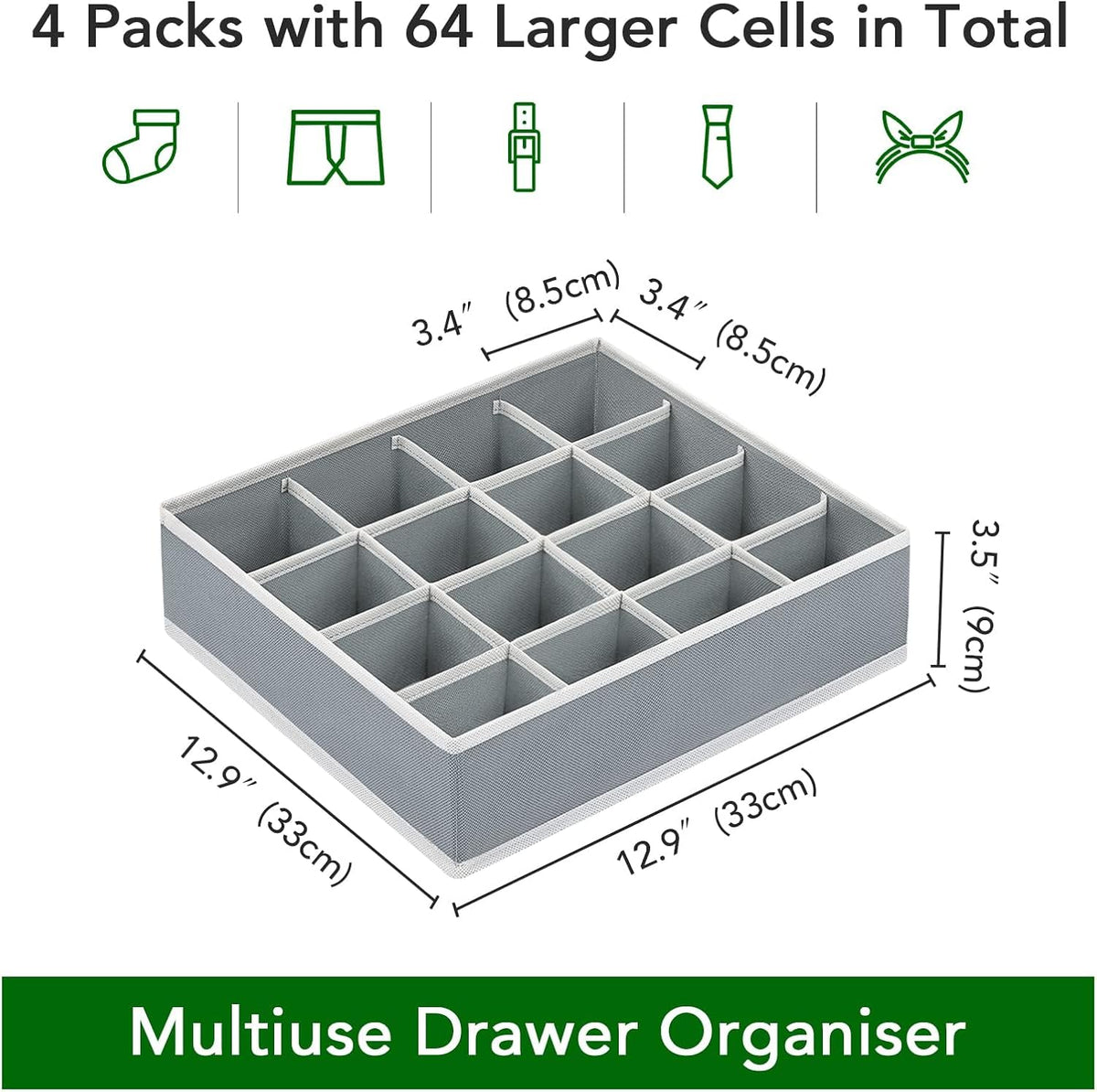 joyoldelf Sock Drawer Organizer Divider 2 Packs Underwear Organizer, 24 Cell Closet Organizers and Storage Organizer Sock Holders Organizers for Storing Socks, Handkerchiefs, Ties, Belts (Grey)