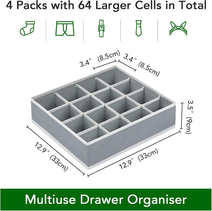 joyoldelf Sock Drawer Organizer Divider 2 Packs Underwear Organizer, 24 Cell Closet Organizers and Storage Organizer Sock Holders Organizers for Storing Socks, Handkerchiefs, Ties, Belts (Grey)