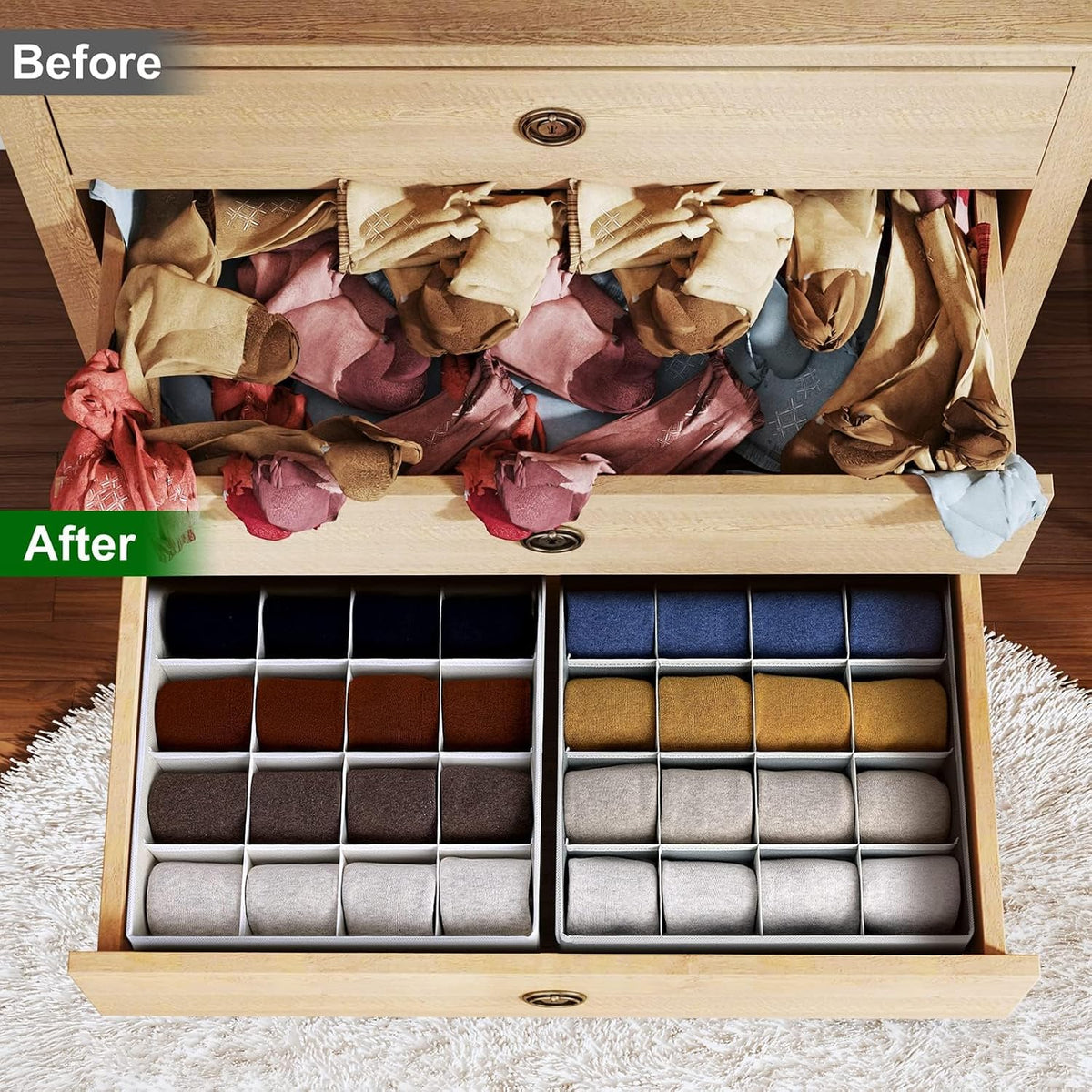 joyoldelf Sock Drawer Organizer Divider 2 Packs Underwear Organizer, 24 Cell Closet Organizers and Storage Organizer Sock Holders Organizers for Storing Socks, Handkerchiefs, Ties, Belts (Grey)