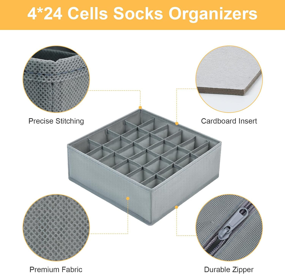 joyoldelf Sock Drawer Organizer Divider 2 Packs Underwear Organizer, 24 Cell Closet Organizers and Storage Organizer Sock Holders Organizers for Storing Socks, Handkerchiefs, Ties, Belts (Grey)