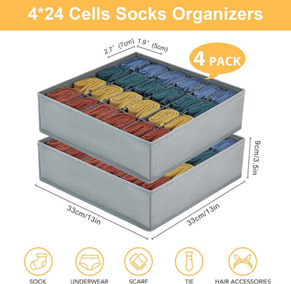 joyoldelf Sock Drawer Organizer Divider 2 Packs Underwear Organizer, 24 Cell Closet Organizers and Storage Organizer Sock Holders Organizers for Storing Socks, Handkerchiefs, Ties, Belts (Grey)