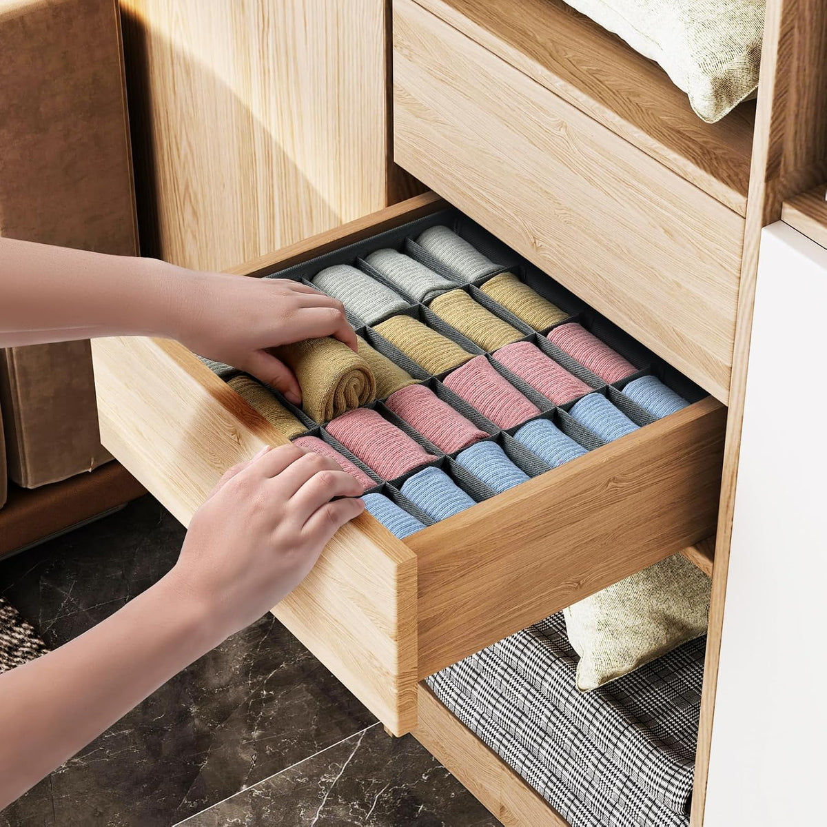 joyoldelf Sock Drawer Organizer Divider 2 Packs Underwear Organizer, 24 Cell Closet Organizers and Storage Organizer Sock Holders Organizers for Storing Socks, Handkerchiefs, Ties, Belts (Grey)
