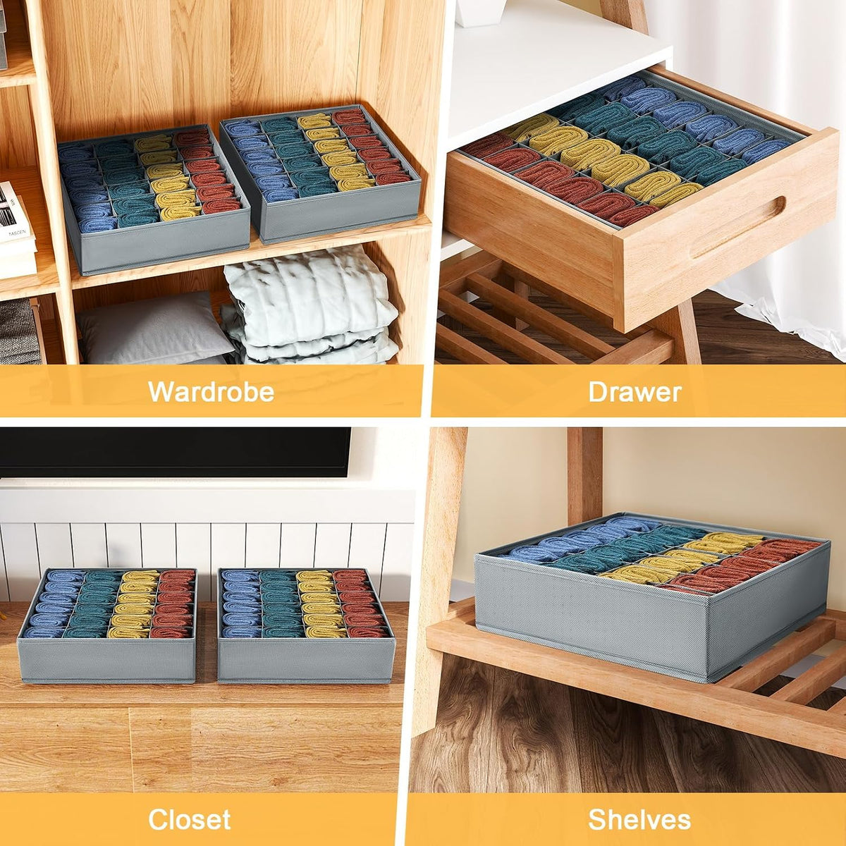 joyoldelf Sock Drawer Organizer Divider 2 Packs Underwear Organizer, 24 Cell Closet Organizers and Storage Organizer Sock Holders Organizers for Storing Socks, Handkerchiefs, Ties, Belts (Grey)