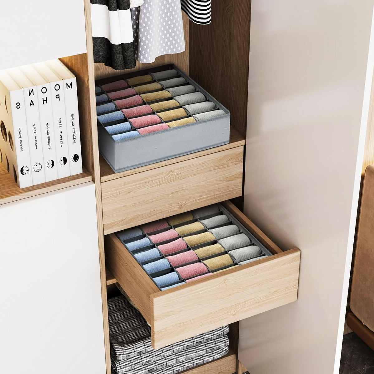 joyoldelf Sock Drawer Organizer Divider 2 Packs Underwear Organizer, 24 Cell Closet Organizers and Storage Organizer Sock Holders Organizers for Storing Socks, Handkerchiefs, Ties, Belts (Grey)