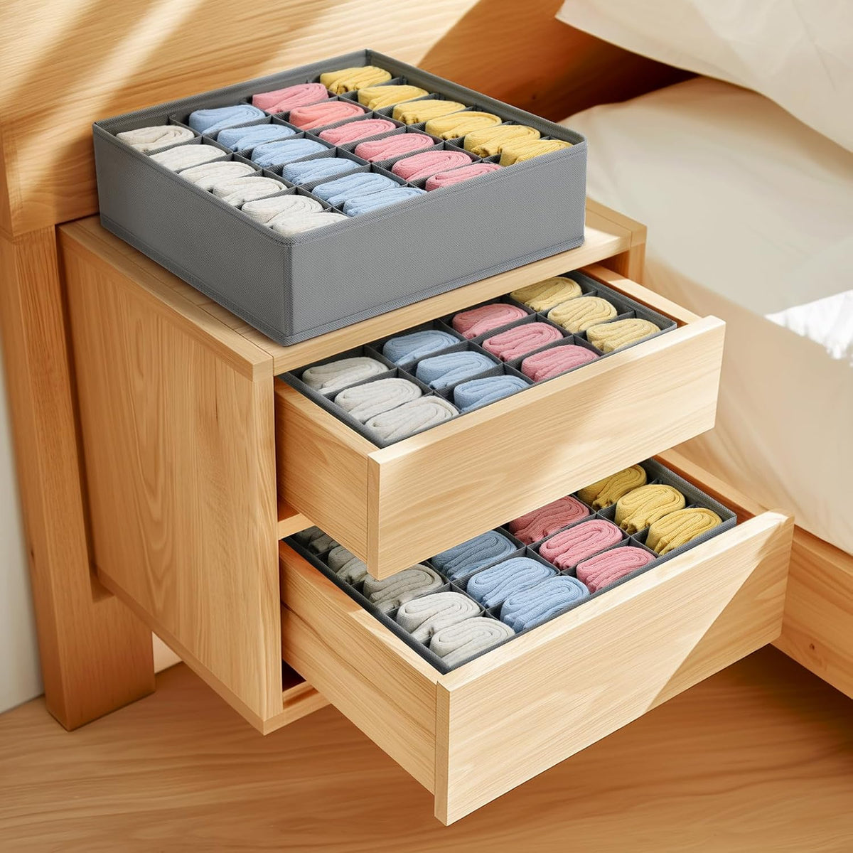 joyoldelf Sock Drawer Organizer Divider 2 Packs Underwear Organizer, 24 Cell Closet Organizers and Storage Organizer Sock Holders Organizers for Storing Socks, Handkerchiefs, Ties, Belts (Grey)