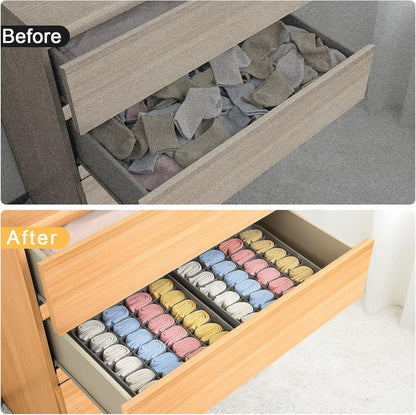 joyoldelf Sock Drawer Organizer Divider 2 Packs Underwear Organizer, 24 Cell Closet Organizers and Storage Organizer Sock Holders Organizers for Storing Socks, Handkerchiefs, Ties, Belts (Grey)