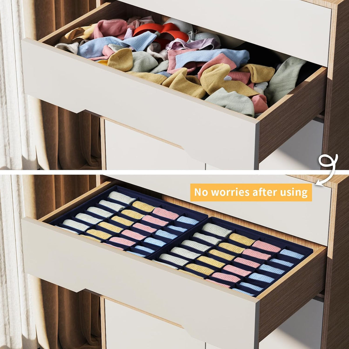joyoldelf Sock Drawer Organizer Divider 2 Packs Underwear Organizer, 24 Cell Closet Organizers and Storage Organizer Sock Holders Organizers for Storing Socks, Handkerchiefs, Ties, Belts (Grey)