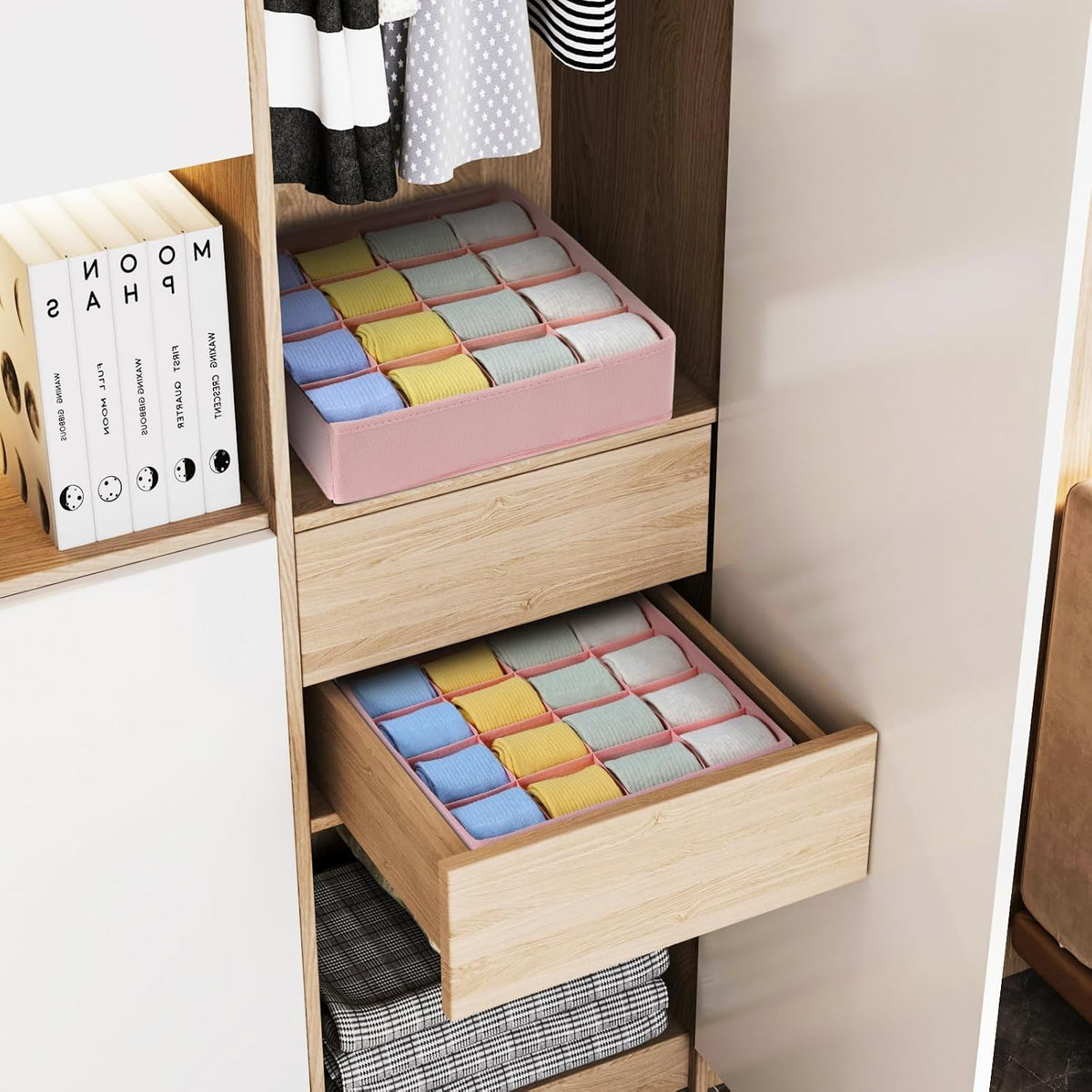 joyoldelf Sock Drawer Organizer Divider 2 Packs Underwear Organizer, 24 Cell Closet Organizers and Storage Organizer Sock Holders Organizers for Storing Socks, Handkerchiefs, Ties, Belts (Grey)