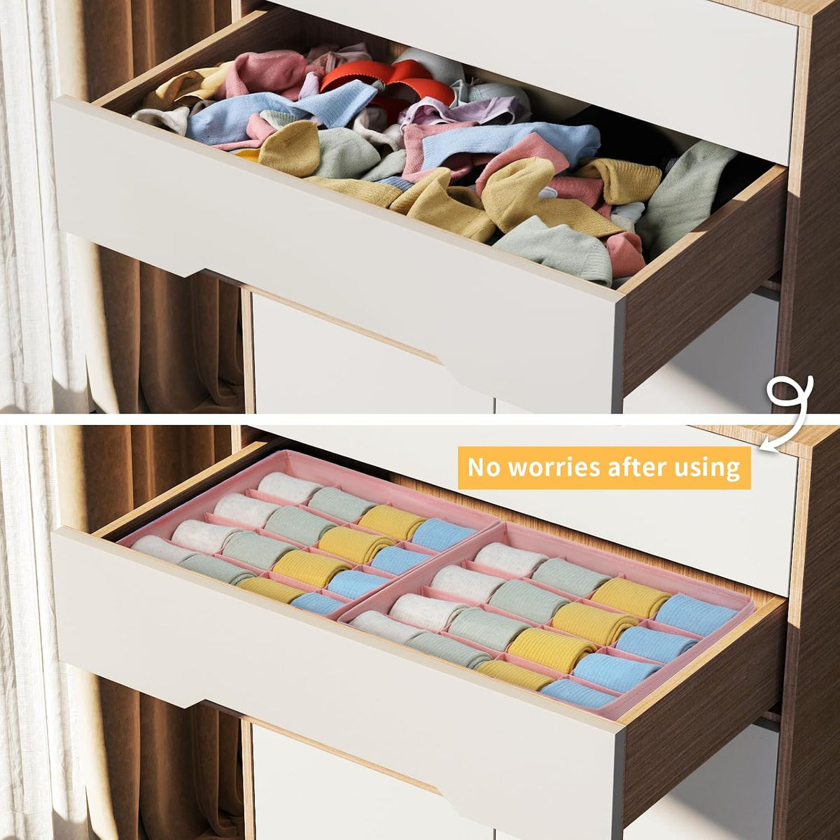 joyoldelf Sock Drawer Organizer Divider 2 Packs Underwear Organizer, 24 Cell Closet Organizers and Storage Organizer Sock Holders Organizers for Storing Socks, Handkerchiefs, Ties, Belts (Grey)