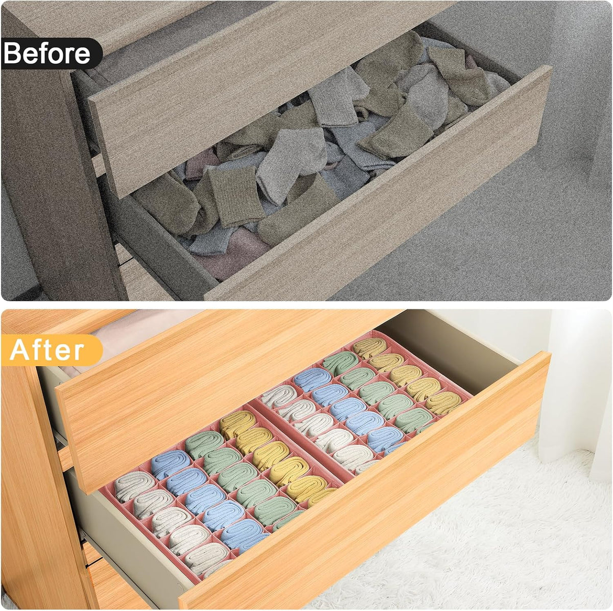 joyoldelf Sock Drawer Organizer Divider 2 Packs Underwear Organizer, 24 Cell Closet Organizers and Storage Organizer Sock Holders Organizers for Storing Socks, Handkerchiefs, Ties, Belts (Grey)