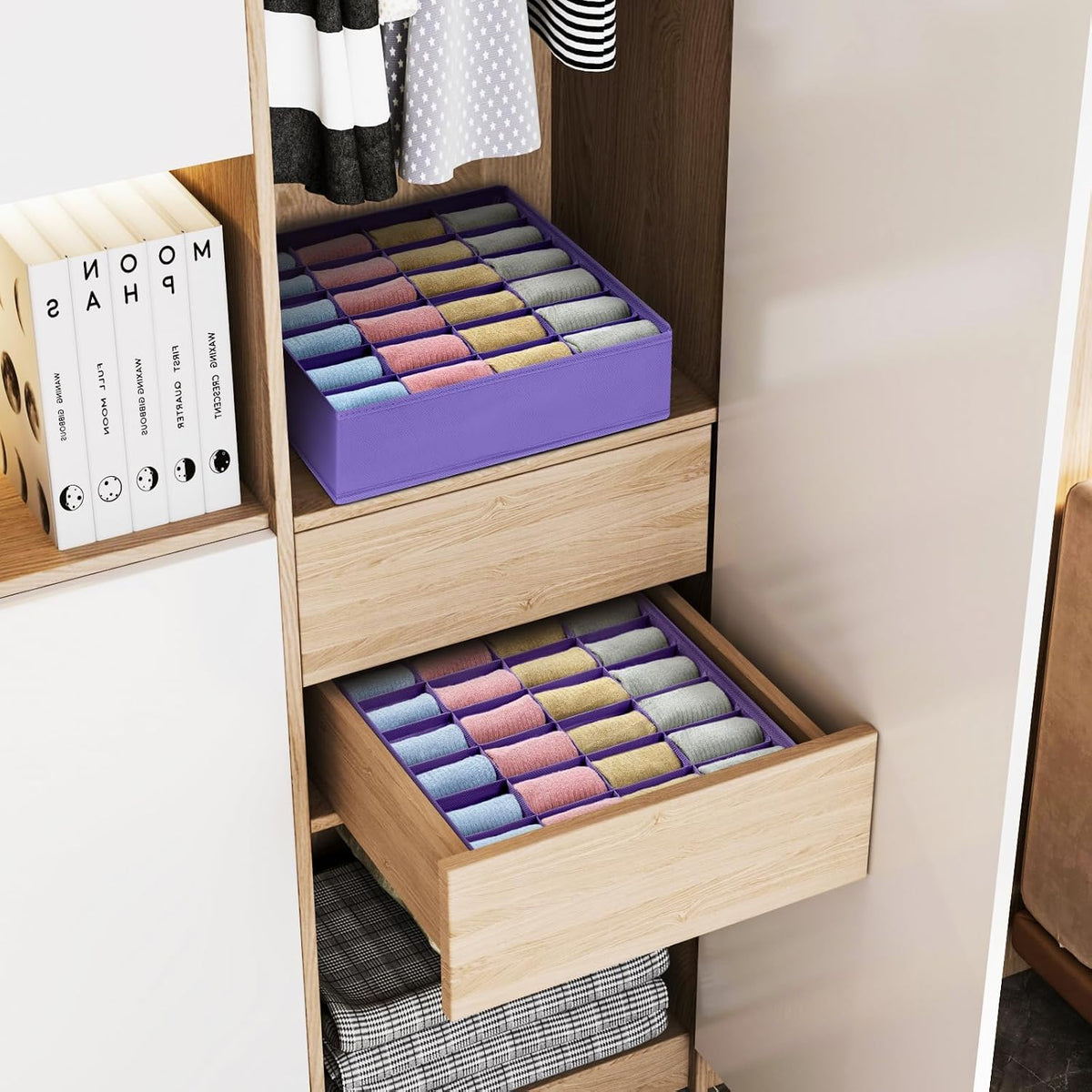 joyoldelf Sock Drawer Organizer Divider 2 Packs Underwear Organizer, 24 Cell Closet Organizers and Storage Organizer Sock Holders Organizers for Storing Socks, Handkerchiefs, Ties, Belts (Grey)
