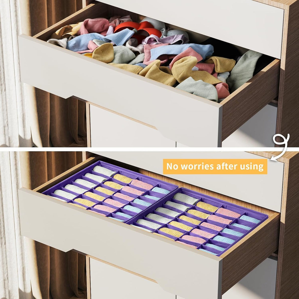 joyoldelf Sock Drawer Organizer Divider 2 Packs Underwear Organizer, 24 Cell Closet Organizers and Storage Organizer Sock Holders Organizers for Storing Socks, Handkerchiefs, Ties, Belts (Grey)