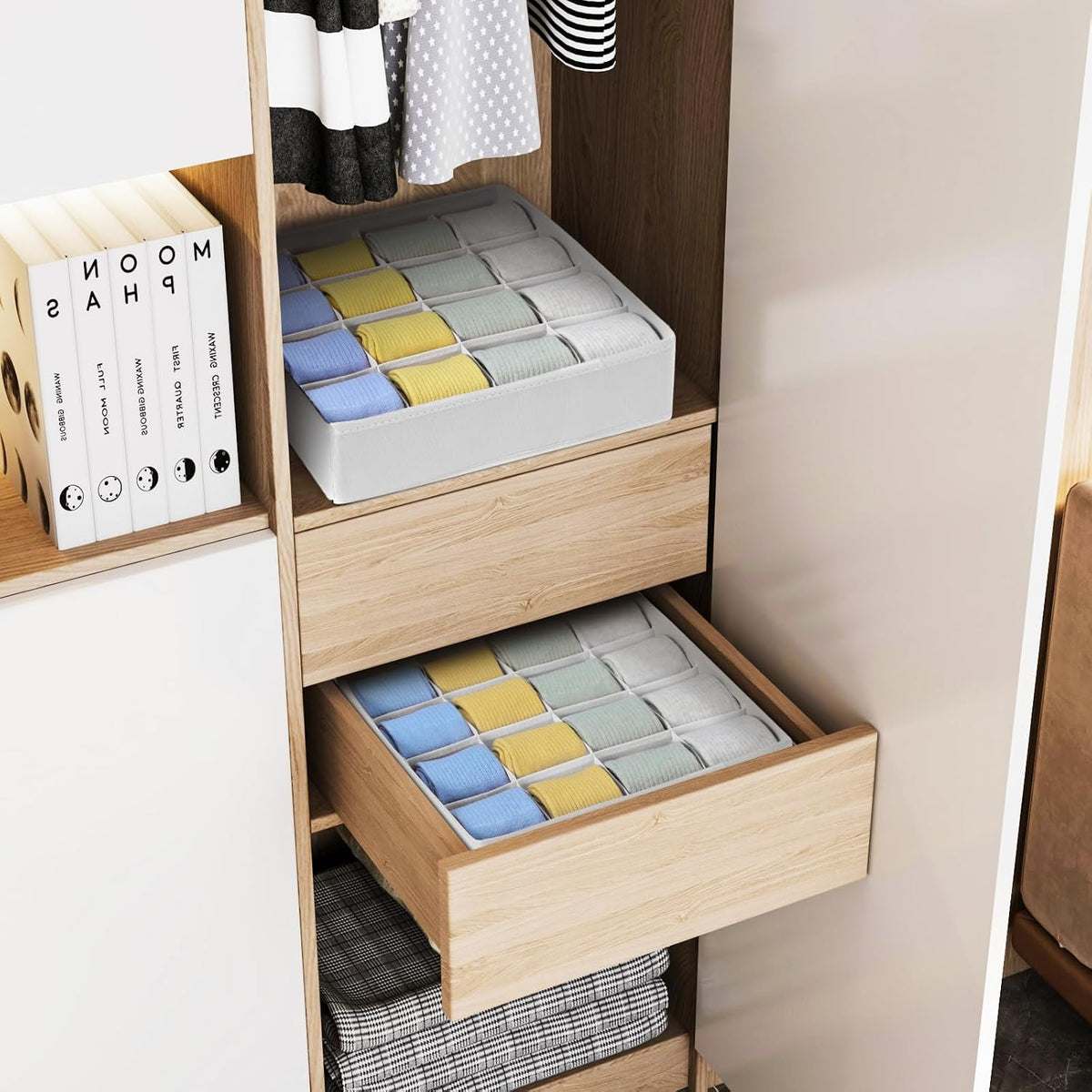 joyoldelf Sock Drawer Organizer Divider 2 Packs Underwear Organizer, 24 Cell Closet Organizers and Storage Organizer Sock Holders Organizers for Storing Socks, Handkerchiefs, Ties, Belts (Grey)