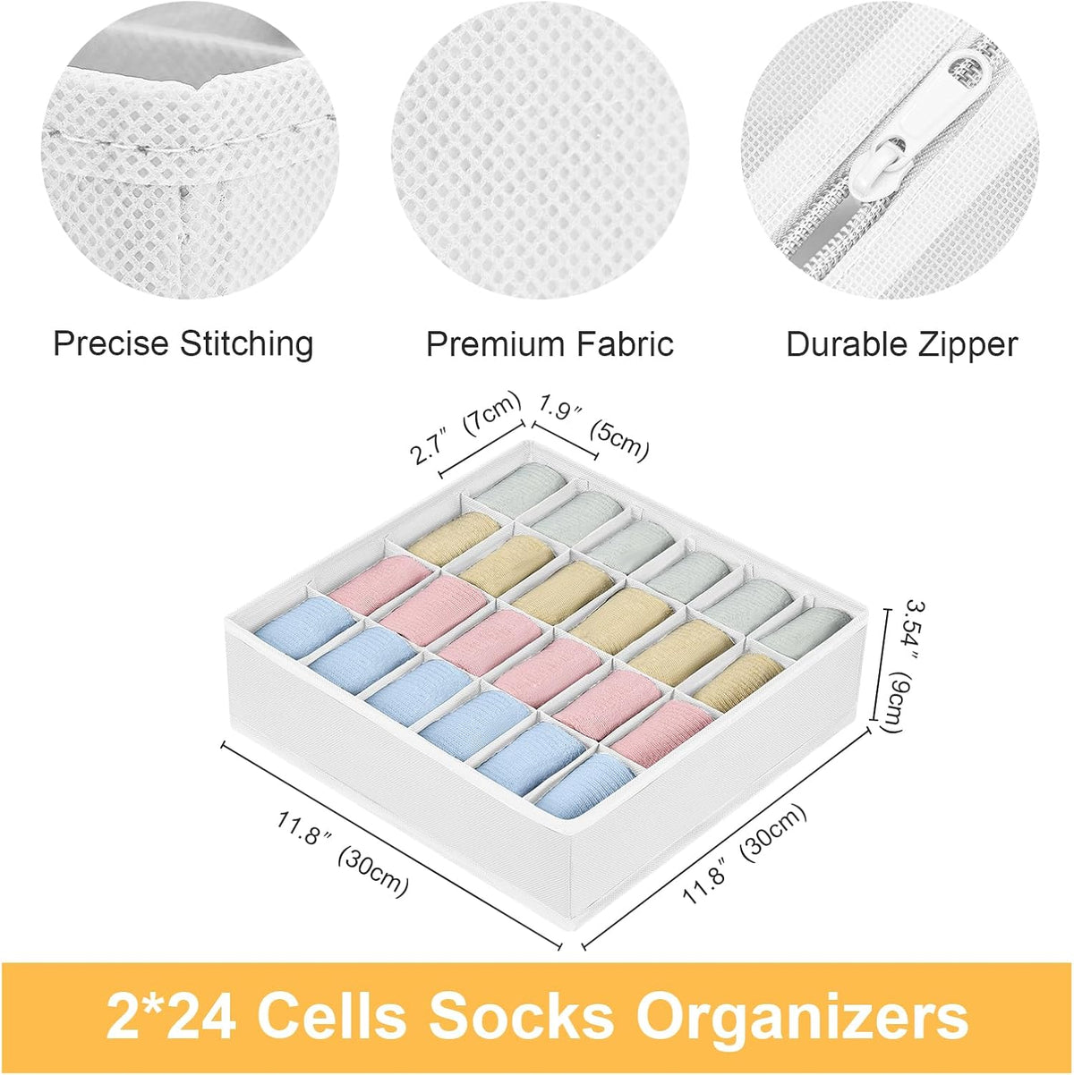 joyoldelf Sock Drawer Organizer Divider 2 Packs Underwear Organizer, 24 Cell Closet Organizers and Storage Organizer Sock Holders Organizers for Storing Socks, Handkerchiefs, Ties, Belts (Grey)