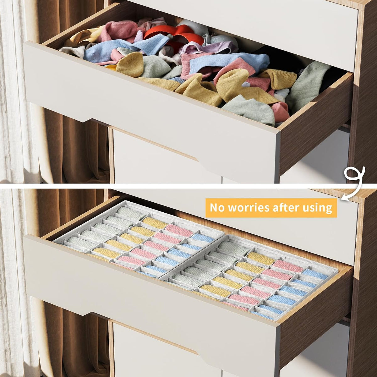 joyoldelf Sock Drawer Organizer Divider 2 Packs Underwear Organizer, 24 Cell Closet Organizers and Storage Organizer Sock Holders Organizers for Storing Socks, Handkerchiefs, Ties, Belts (Grey)